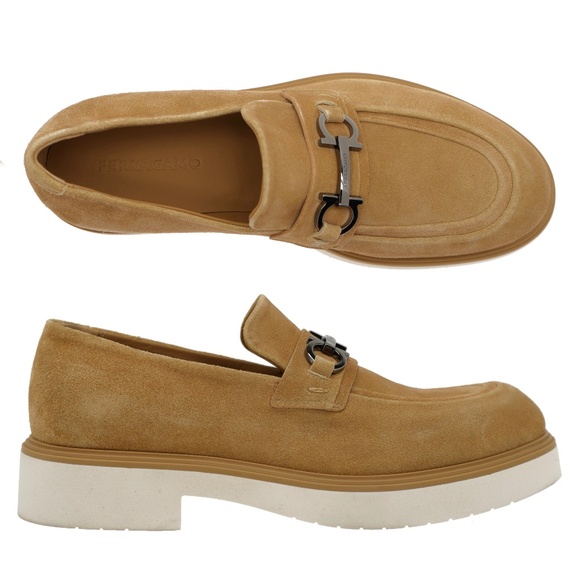 Salvatore Ferragamo Fiorello Gancini Loafers Beige Suede Leather Size 12 New - Picture 1 of 6